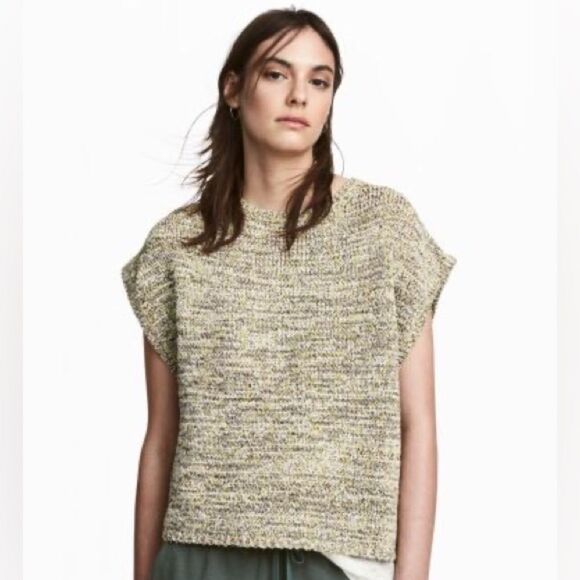 H&M Knit Yellow Gray Crewneck Relaxed Short Sleeve Pullover Boxy Sweater Top. XS - Picture 1 of 11